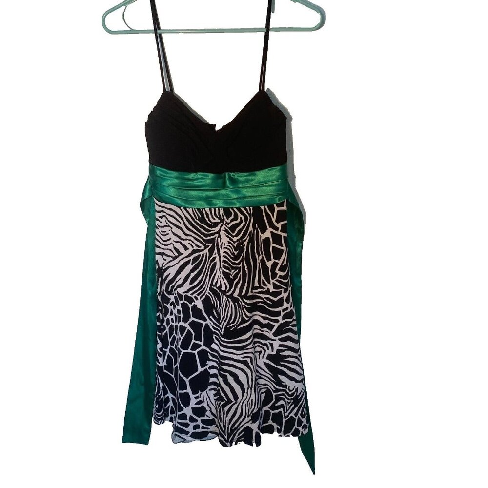 Jodi Kristopher Black & White Dress With Green Satin Trim